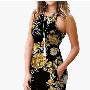 Yellow and Black Floral Maxi Dress with Pockets